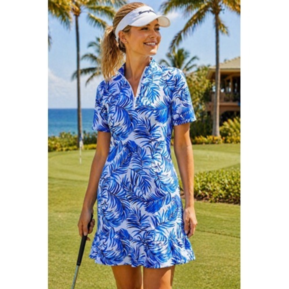 Tommy Bahama Golf Dress Womens Small Blue Tropical Collared Zip Shirt Dress